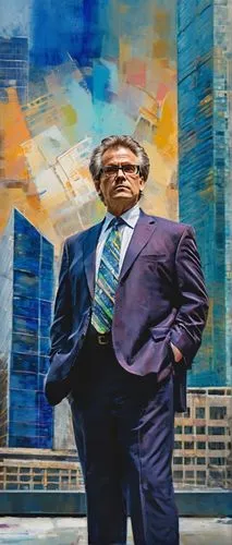 Middle-aged man, mature, suit, tie, glasses, neat hair, serious expression, holding blueprints, standing in front of a skyscraper, urban background, modern architecture, steel beams, glass windows, co