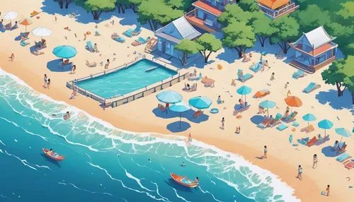 seaside resort,isometric,summer background,dream beach,seaside country,tamarama,resort town,caribbean beach,umbrella beach,tropical beach,aerial view of beach,beach scenery,background vector,beach resort,french digital background,honolulu,beach chairs,seaside,paradise beach,mountain beach,Unique,3D,Isometric