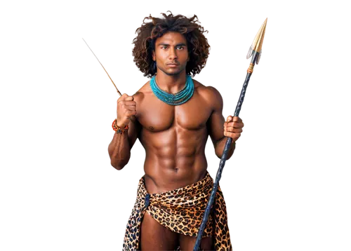 African warrior, strong muscles, dark skin, tribal markings, Afro hair, colorful beads necklace, leopard print loincloth, holding spear, standing, powerful pose, savannah background, warm sunlight, ci