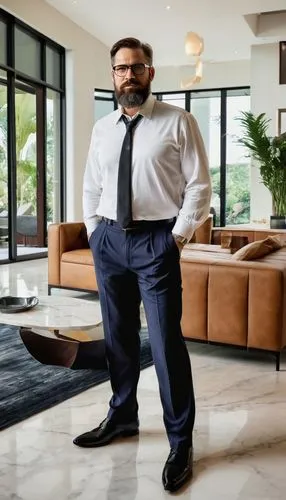 Middle-aged male architect, bespectacled, short brown hair, beard, white shirt, black tie, formal pants, leather shoes, holding blueprints, standing in a modern luxurious villa, spacious open-plan liv