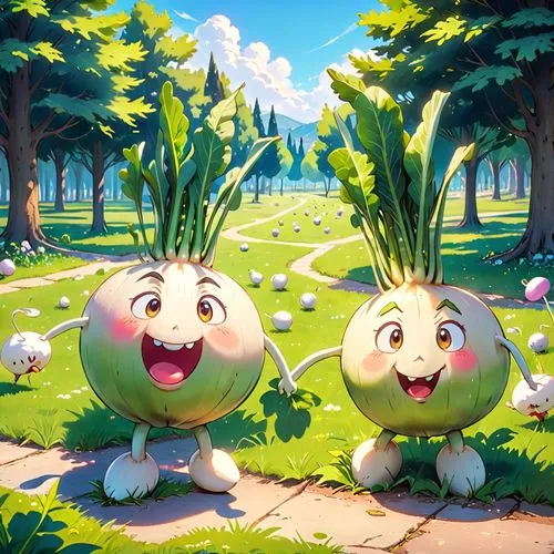 In an outdoor park, several anthropomorphized turnips with short legs and small arms are spread across the scene, with different expressions and poses. Some turnips have angry expressions, while other