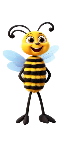 Cartoon bee, yellow and black stripes, big round eyes, smiling face, tiny nose, colorful wings, furry body, standing on hind legs, holding honeycomb, sunny day, warm light, soft focus, 3/4 composition