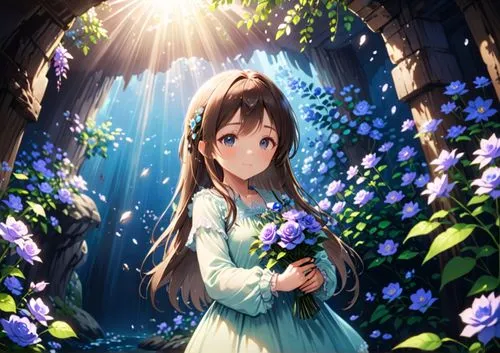 Cave, little girl, blue roses, blue light, high quality, natural light, waterscape,more detail XL, lighting cinematic lighting, divine rays, ray tracing, ,flower background,tsumugi kotobuki k-on,sprin