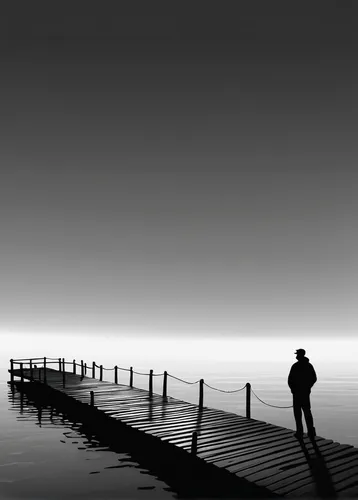 man at the sea,loneliness,solitude,blackandwhitephotography,silhouette of man,to be alone,jetty,fishing pier,monopod fisherman,dock,monochrome photography,solitary,the endless sea,spaciousness,emptiness,isolated,walk on water,fisherman,lonliness,man silhouette,Illustration,Black and White,Black and White 08