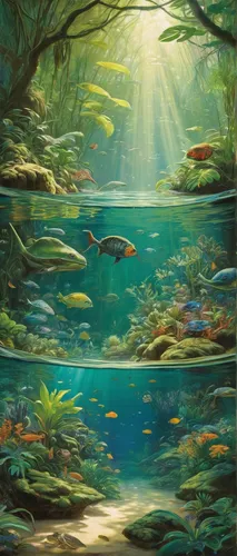 Imagine a ravane filled with rare and exotic creatures that are part of a hidden ecosystem.,underwater landscape,underwater oasis,underwater background,forest fish,aquarium,aquarium decor,freshwater a