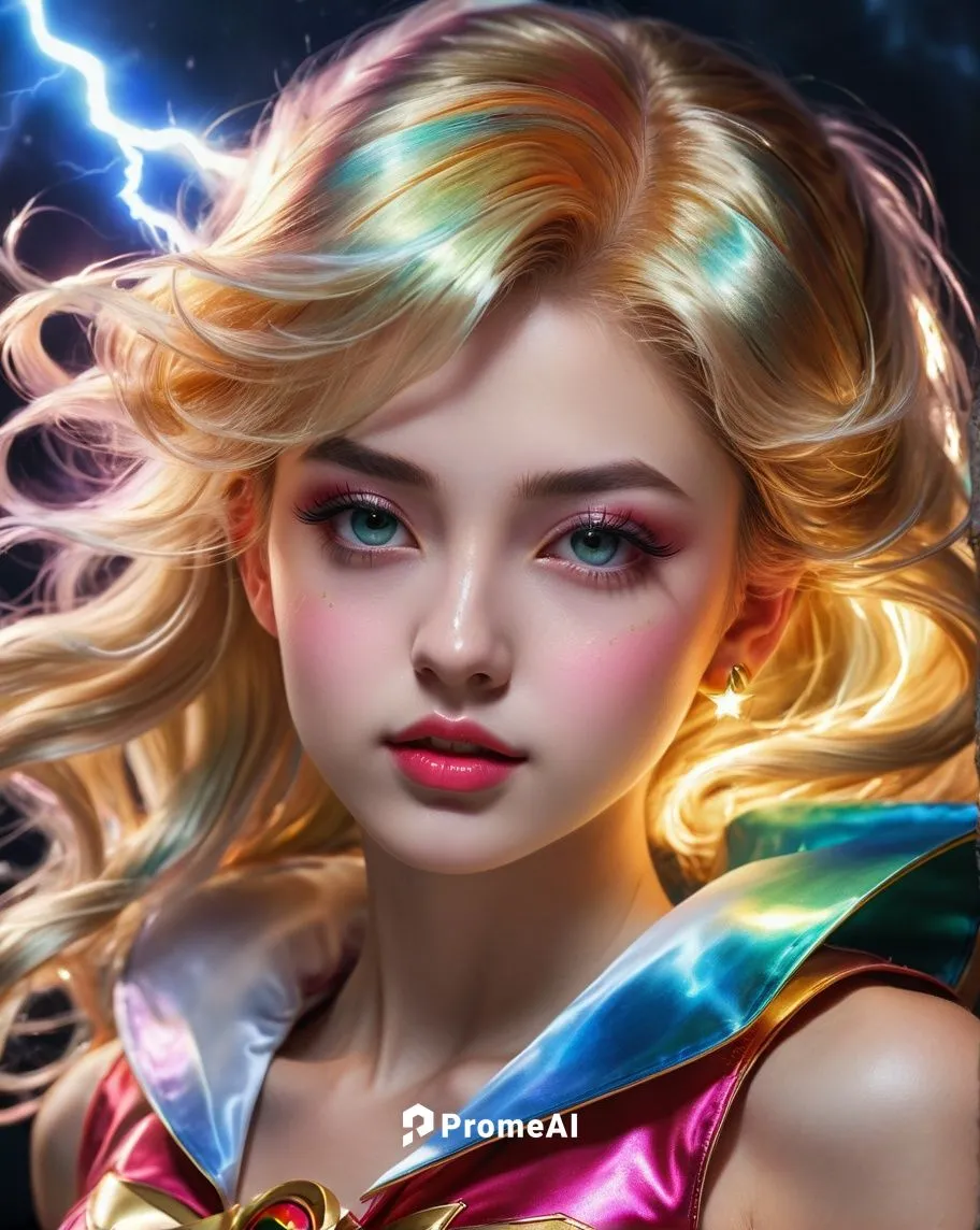 ❤️,👾 Iridescent, young woman looking like Sailor Moon, Photorealistic, foto, realistic, as real as possible, Hyperdetailed, artgerm, lightning, beautiful, flying hair,fantasy portrait,rafaela,world d