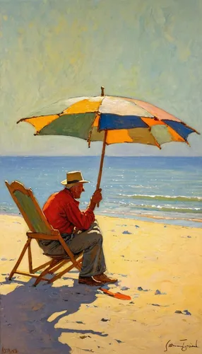 man with umbrella,beach umbrella,beach chair,summer beach umbrellas,man at the sea,deckchair,lido di ostia,chair and umbrella,basset artésien normand,beach chairs,lev lagorio,deckchairs,summer umbrella,viareggio,beach landscape,el mar,vincent van gough,people on beach,umbrella beach,sunlounger,Conceptual Art,Oil color,Oil Color 22