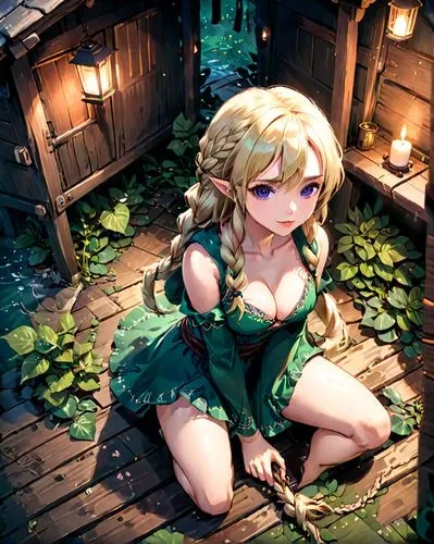 adult female elf kneeling on the floor of a wooden hut at night. hands tied with rope
pointy ears
viewed from above.

tall, long legs.  perfect face, very large breasts wide hips, small waist
very lon