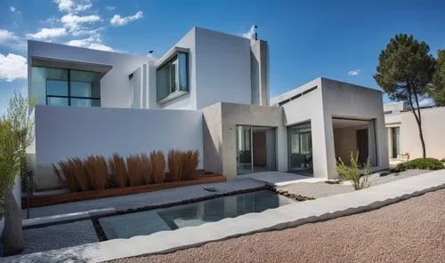 In the heart of the bustling city, a minimalist style house with white walls adorned with intricate geometric patterns catches the eye. The walls are intricately textured with fluid shapes, creating a