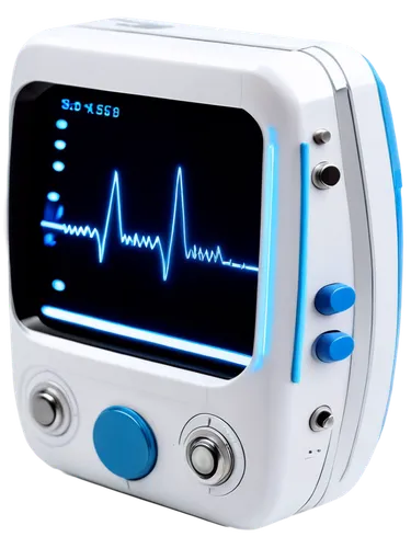 EKG heartbeat monitor, futuristic design, sleek metal body, glowing blue screen, white wires, rounded edges, detailed buttons, hospital background, close-up shot, shallow depth of field, soft focus, w