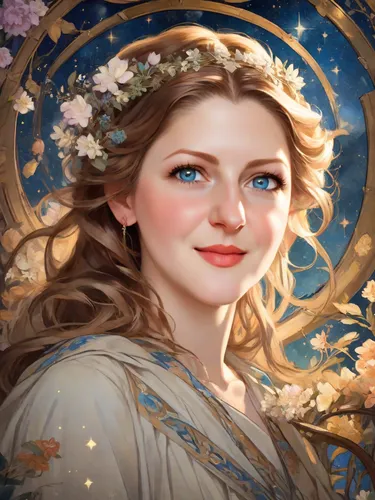 portrait of a girl with light brown hair in the painting style of Alphonse Mucha, starry night, blooming garden, flowers.,fantasy portrait,fairy tale character,cinderella,elsa,fae,portrait background,