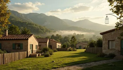 Rustic rural landscape, rolling hills, lush green pastures, weathered wooden fences, distressed stone walls, earthy terracotta rooftops, natural wood accents, warm beige stucco, soft sage green shutte