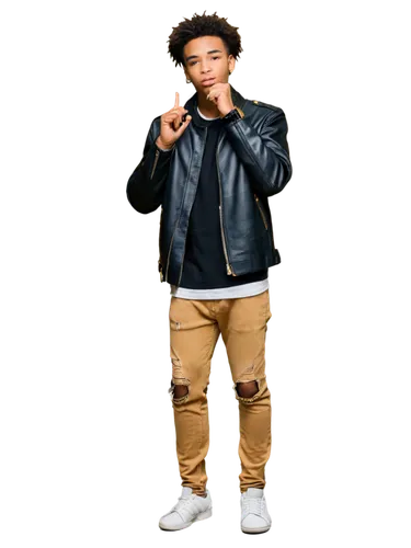 Young male rapper, solo, (20yo), afro hair, gold chain, black leather jacket, white T-shirt, ripped denim jeans, Adidas sneakers, microphone in hand, confident posture, urban background, warm color to