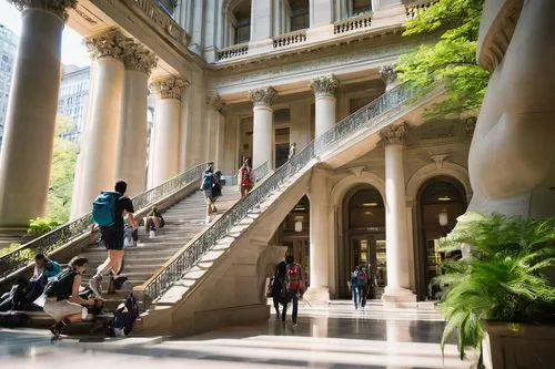 Columbia University, Low Library, grand staircase, majestic columns, intricate stone carvings, polished marble floors, natural light pouring in through large windows, lush greenery surrounding the bui