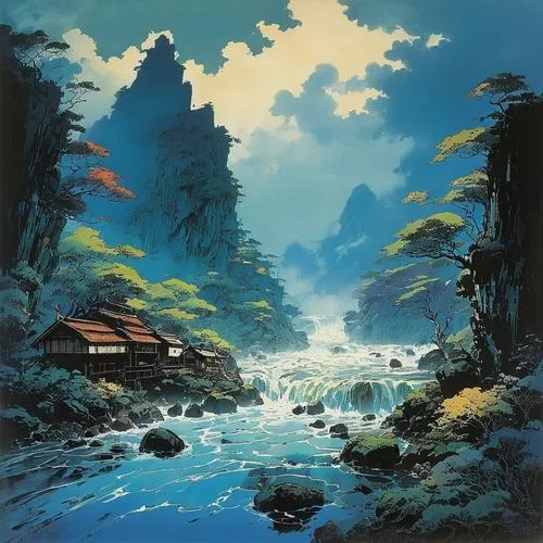 studio ghibli,ghibli,japan landscape,kaitos,fantasy landscape,yashima,rikkyo,ryokan,miyazaki,takahata,teikoku,imagawa,yamatai,haakonsen,kinkade,muramasa,nikko,river landscape,maoyuan,jonidan,Illustration,Japanese style,Japanese Style 14