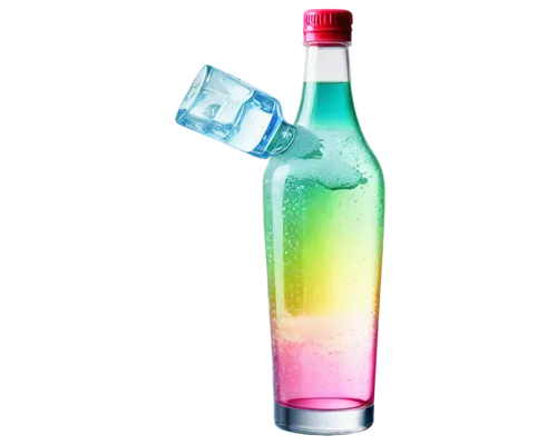  Sparkling drink, colorful bottle, ice-filled glass, condensation droplets, refreshing scene, bright lighting, 3/4 composition, shallow depth of field, vibrant colors, realistic texture, morning sunli