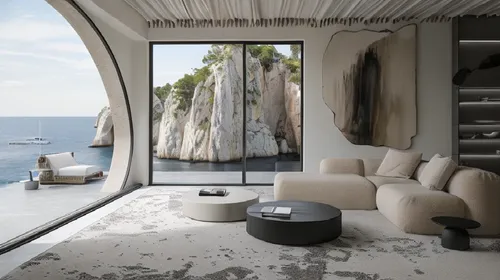 a modern living room with an amazing view,natuzzi,amanresorts,beach house,riviera,chaise lounge,window with sea view