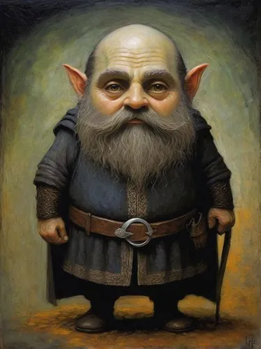 a dwarf shaped character, character design complete body, fantasy, pale skin, completely black eyes, lord of the rings inspired, dwarf, hobbit, goblin, flat head, wide body,dwarf sundheim,dwarf,gnome,