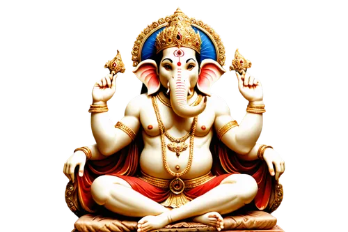 Ganesha, Indian deity, elephant head, four arms, golden crown, red skin tone, detailed facial features, sharp tusks, large ears, ornate jewelry, sacred thread, vermilion mark on forehead, holding conc