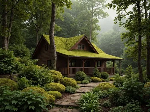 Moss-covered stone walls, lush greenery, serene forest atmosphere, natural earthy tones, warm beige textures, wooden accents, rustic metal fixtures, soft diffused lighting, 3/4 composition, intimate f