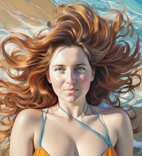 margairaz,jasinski,photorealist,beach background,hyperrealism,woman laying down,Digital Art,Impressionism