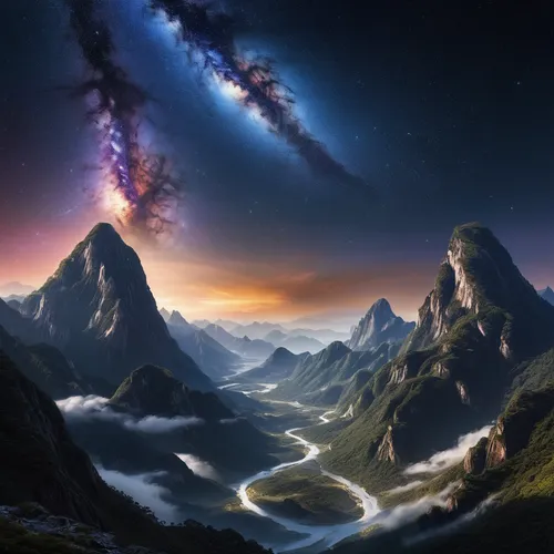 fantasy landscape,fantasy picture,space art,futuristic landscape,the milky way,astronomy,fantasy art,alien world,galaxy collision,mountainous landscape,milky way,alien planet,galaxy,the universe,mountain landscape,mountain world,starscape,giant mountains,the mystical path,scene cosmic,Photography,General,Natural