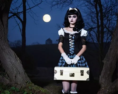 first aid kit,pierrot,gothic fashion,gothic dress,gothic woman,lunar phase,gothic portrait,lunar phases,goth woman,suitcase in field,accordionist,alice,doll dress,marionette,conceptual photography,dolly cart,the girl in nightie,moon phase,gothic style,moonshine,Illustration,Abstract Fantasy,Abstract Fantasy 10