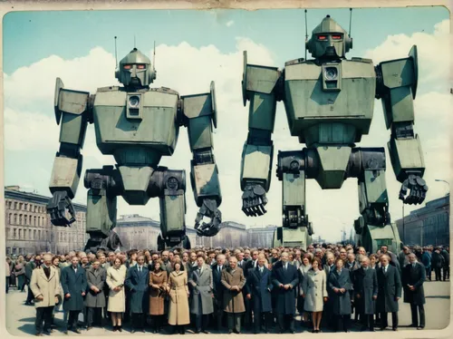 Soviet giant robots, Soviet Union in 1970, at the city, many soviet people,robots,military robot,vintage photo,1965,1967,lubitel 2,bot training,minibot,mecha,group photo,vintage 1978-82,model years 19