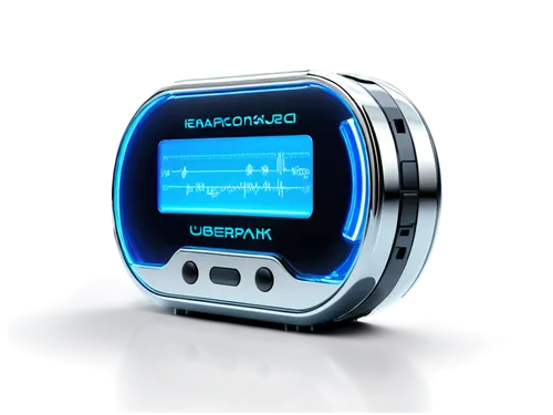 Transparent, sleek music player, futuristic design, silver metal body, glowing blue LED lights, rounded edges, touch screen interface, minimalistic buttons, earbuds plugged in, 3/4 composition, shallo