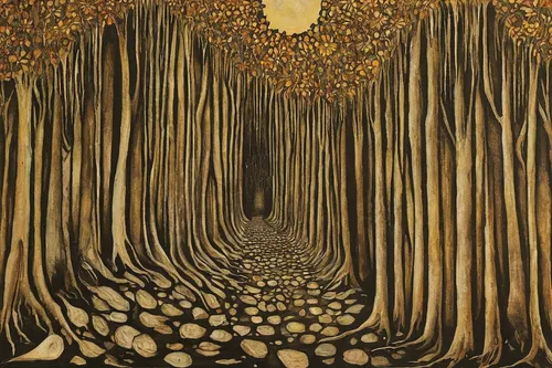 forest road,forest path,tree grove,birch forest,the forest,forest landscape,tree lined path,deciduous forest,the forests,holy forest,grove of trees,copse,birch alley,pathway,tree-lined avenue,row of trees,woodcut,hollow way,mushroom landscape,forest of dreams,Illustration,Retro,Retro 06