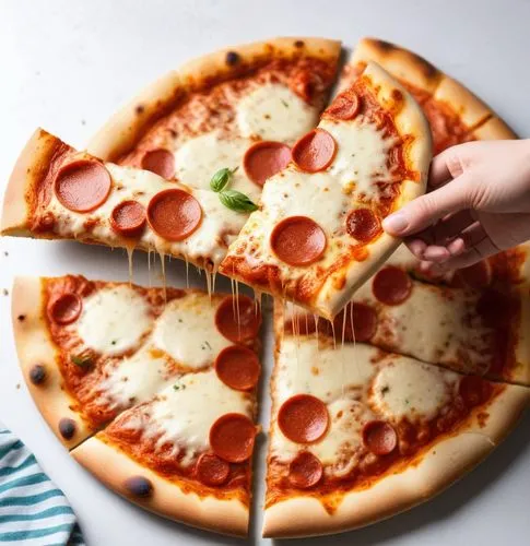 a sliced pizza on a white plate and two hands about to grab it,pizza topping,pizza topping raw,pizza cutter,slices,oetker,pizza