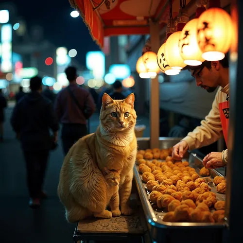 street cat,ginger cat,akara,takoyaki,street food,orange tabby cat