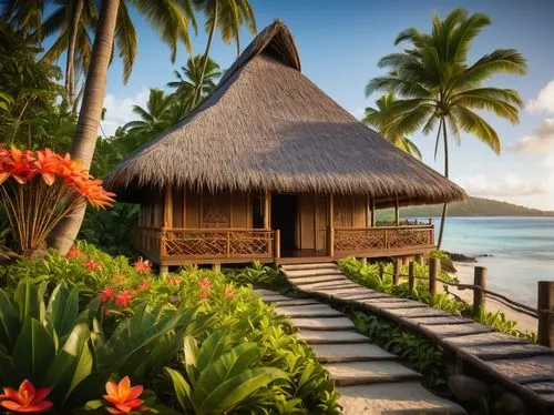 Fijian hut, thatched roof, wooden pillars, intricate carvings, tropical island, lush greenery, coconut trees, colorful flowers, sunny day, warm lighting, 3/4 composition, stone pathways, seashell deco