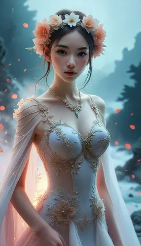 a lady wearing an elegant dress in a forest,fairy tale character,white rose snow queen,fairy queen,bridal dress,kuanyin,rosa 'the fairy