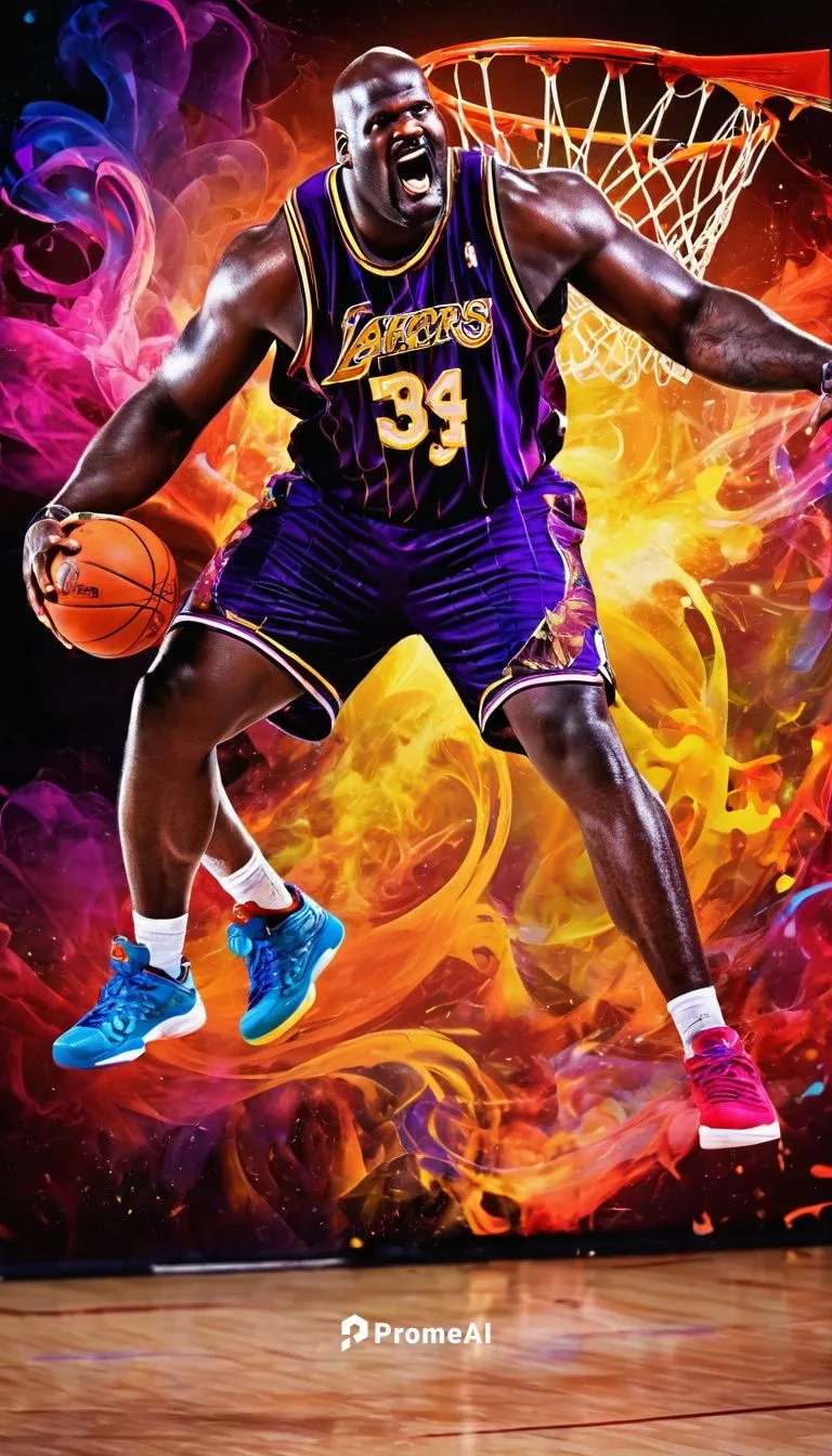 Shaquille O'Neal, NBA legend, muscular physique, strong facial features, shaved head, hoop earrings, sleeveless jersey, basketball shorts, sneakers, dribbling, slam dunking, court, stadium, crowd chee