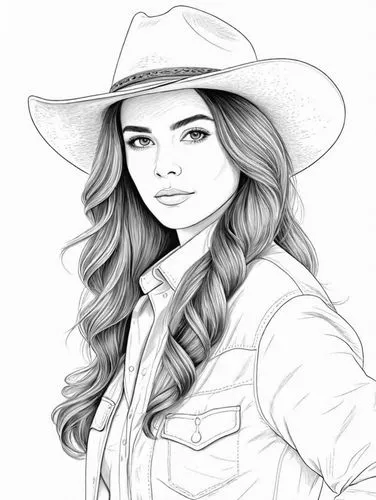 a woman with long hair wearing a hat,fashion vector,cowgirl,coreldraw,countrygirl,coloring page,akubra,Design Sketch,Design Sketch,Detailed Outline