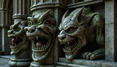 Intricate stone carvings, grotesque faces, sharp teeth, menacing eyes, weathered granite, moss-covered surfaces, Gothic architecture, medieval cathedrals, ornate facades, pointed arches, ribbed vaults