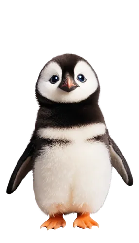 Adorable penguin, solo, childlike, (3-5 years old), cute expression, bright curious eyes, small beak, fluffy feathers, black and white tuxedo-like pattern, tiny flippers, waddling posture, looking upw