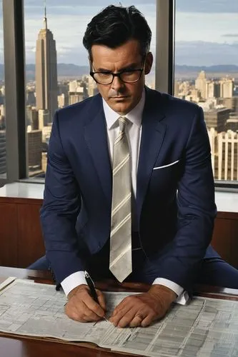 Middle-aged man, Richard, architectural designer, draftsman, sitting, studio, desk, papers, pens, ruler, glasses, black hair, stubble, white shirt, dark blue suit, tie, leather shoes, serious expressi