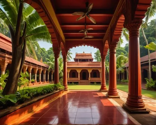 Kerala style, DC College of Architecture and Design, traditional Indian architecture, intricate carvings, ornate pillars, red oxide flooring, natural light, lush greenery surroundings, tropical trees,