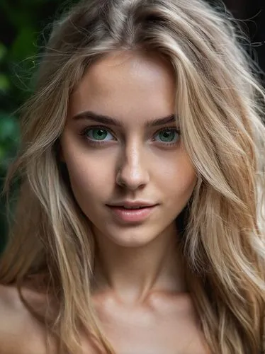 Low-key photographic euphoria, extremely beautiful young woman, messy long darker blonde hair, looking directly at the camera, big round eyes, green eyes, UHD, 8K, masterpiece, completely naked, perfe