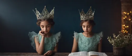 little girl reading,conceptual photography,photo manipulation,children's fairy tale,princess crown,mystical portrait of a girl,image manipulation,fairy tales,fairy queen,photomanipulation,crown render,little girl fairy,child fairy,fairytales,photoshop manipulation,digital compositing,double exposure,mirror image,fairy tale character,foam crowns,Photography,Documentary Photography,Documentary Photography 17