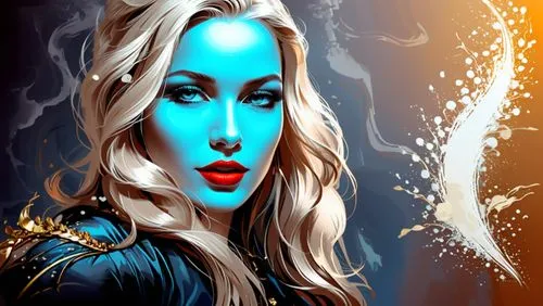 a beautiful blond woman in blue makeup,morgause,blue enchantress,sigyn,dazzler,lilandra,margaery,Illustration,Black and White,Black and White 04