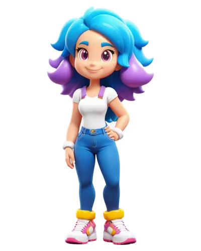 Blender character, 3D model, cartoon style, colorful, shiny skin, dynamic hair, bright eyes, smiling face, casual clothing, jeans, white shirt, sneakers, standing pose, one leg bent, hand in pocket, s