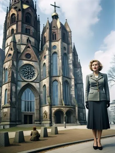 Eva Braun vor der Kaiser-Wilhelm-Gedächtniskirche in Berlin,a woman in a dress and suit stands in front of a large church,nodame,borgen,evangelischen,koln,lutheranism,pawlowicz,Photography,Black and w