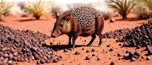 Desert javelina, scat, brown droppings, rounded shape, rough texture, desert plants background, warm sunlight, shallow depth of field, realistic details, close-up shot, 1/2 composition, earthy color t