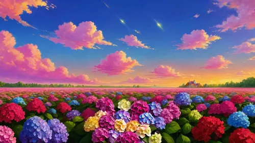 extend the background to a landscape of hortensia flower fields, with a blue sky above, colorful oil painting, lots of flowers, ultra-detailed painting in the style of Albert Ed Hardy and James Gurney