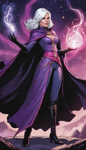 2D Comic portrait of Charlize Theoren as a white haired wizard in a purple and pink fully-covered outfit, gloves and black cape, casting a spell in the middle of magic world.,the female hero from dc c