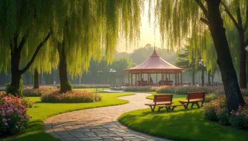 Harmonious park environment, concert houses, serene atmosphere, lush greenery, vibrant flowers, winding stone path, benches under willow trees, soft grass lawn, children's playground, swing sets, slid