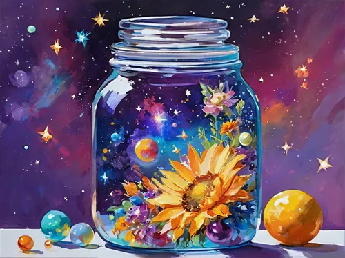 """A Jar of Sunshine"" original fine art by Dreama Tolle Perry",glass jar,empty jar,mason jar,candy jars,fairy galaxy,colorful stars,colorful star scatters,honey jar,jar,painting easter egg,mason jars